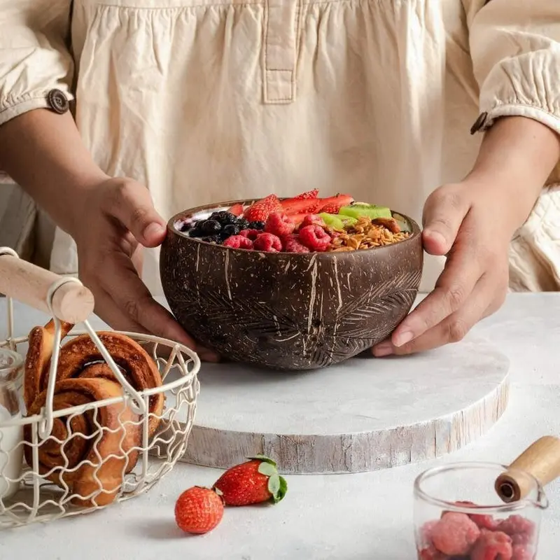 100% Natural Coconut Shell Bowl and Spoon Set (Leaf Pattern) Eco-Friendly Handmade Serving Bowl Set