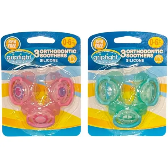 £2.99 Griptight - 3 Orthodontic Baby Soothers 0-6M+ (6)