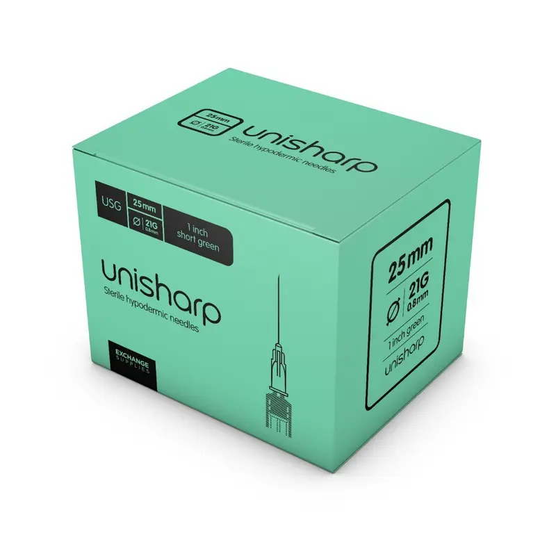 21G 1.5" (38 mm) Needle (Green) - Unisharp x 100