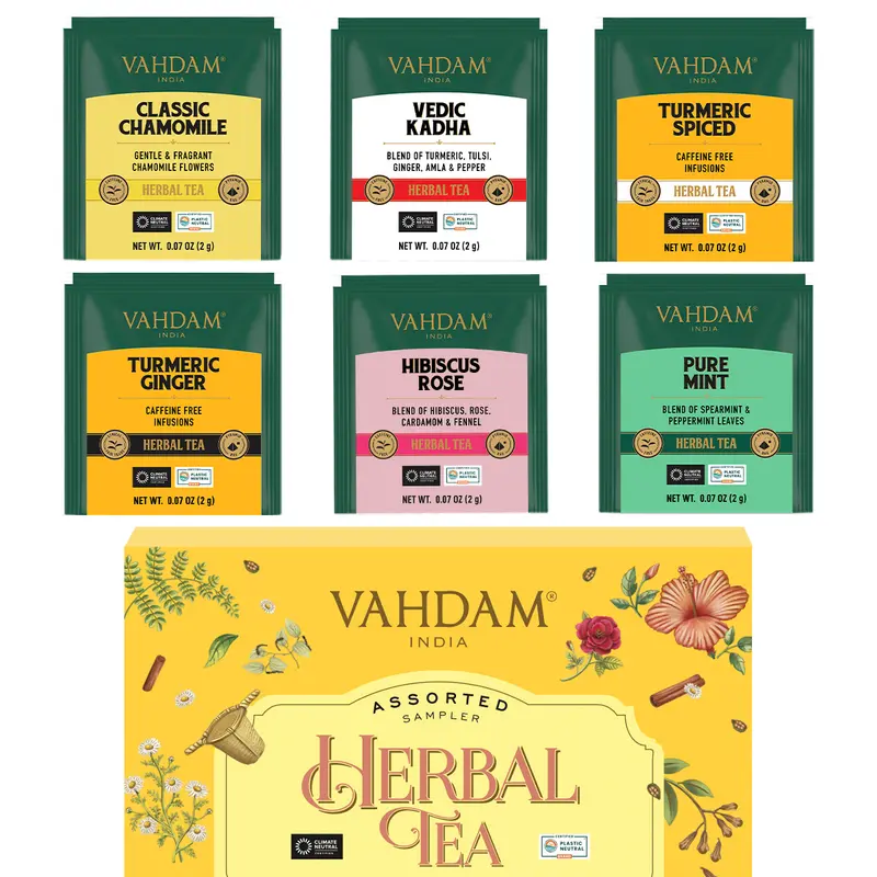 36 Tea Bags, Caffeine Free, 6 Flavors - Chamomile, Hibiscus, Ginger, Mint, Turmeric