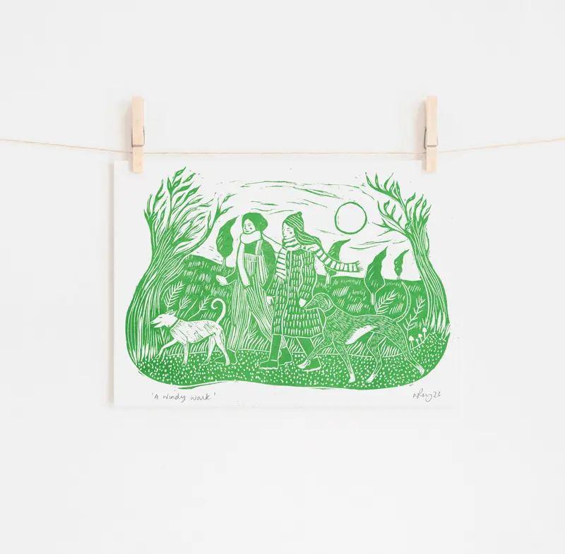 'A Windy Walk' riso print, dog art, autumn dog walk scene