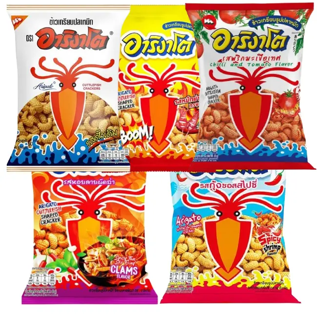 Arigato - Squid Crackers - Original, Grilled Squid, Chili and Tomato, Stir-Fried Clams, Spicy Shrimp Sauce - (Pack of 5 Mix - 50g. each)