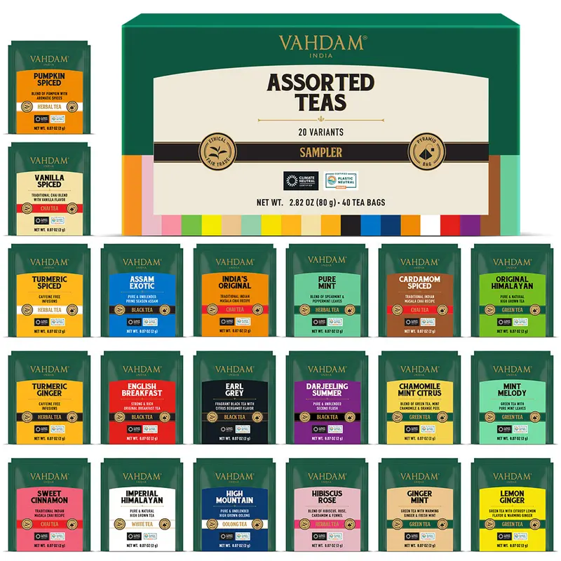 Assorted Tea Bags Sampler, (40 Pyramid Tea Bags) 20 Flavors
