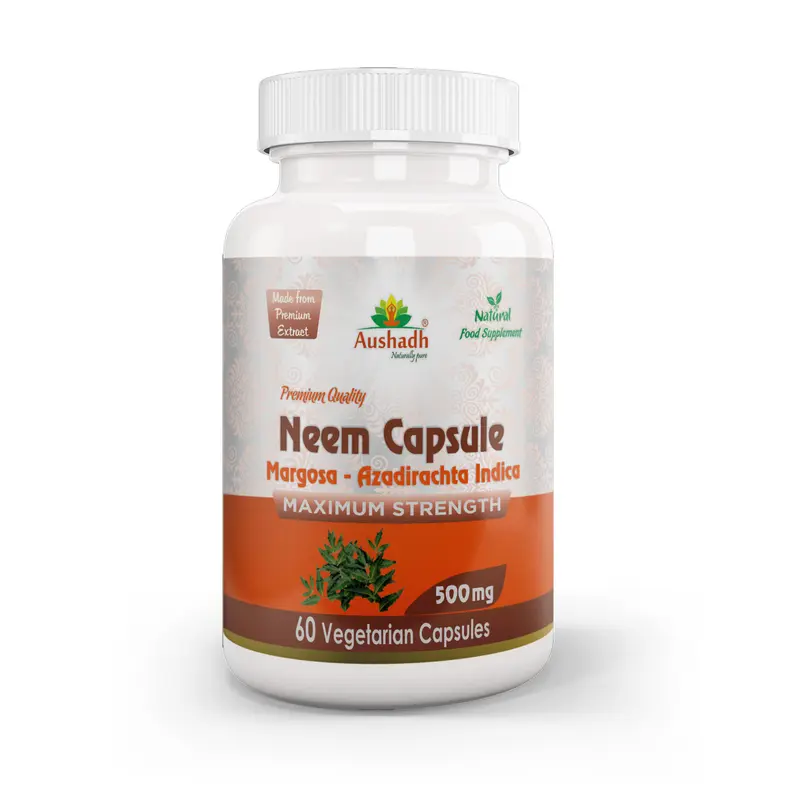 Aushadh Neem Capsules (Margosa) Skin & Immune Wellness Support - Vegan, Gluten Free, Non-GMO, 60 Capsules