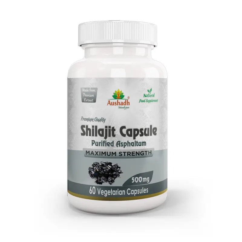 Aushadh Shilajit Capsules (Mineral Pitch) Energy & Vitality Support - Vegan, Gluten Free, Non-GMO, 60 Capsules