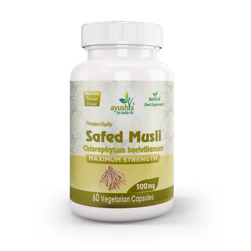 Ayushya Safed Musli Capsules (Chlorophytum Borivilianum) Strength & Stamina Support - Vegan, Gluten Free, Non-GMO, 60 Capsules