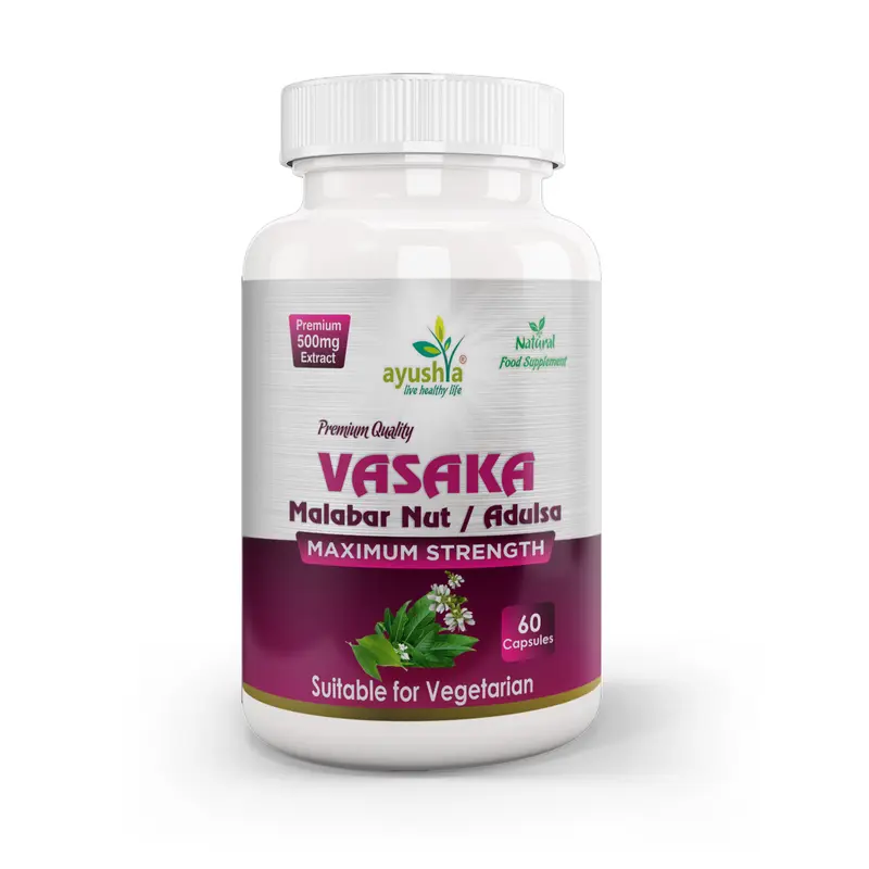 Ayushya Vasaka Capsules (Malabar Nut, Adulsa) Respiratory Comfort Support - Vegan, Gluten Free, Non-GMO, 60 Capsules