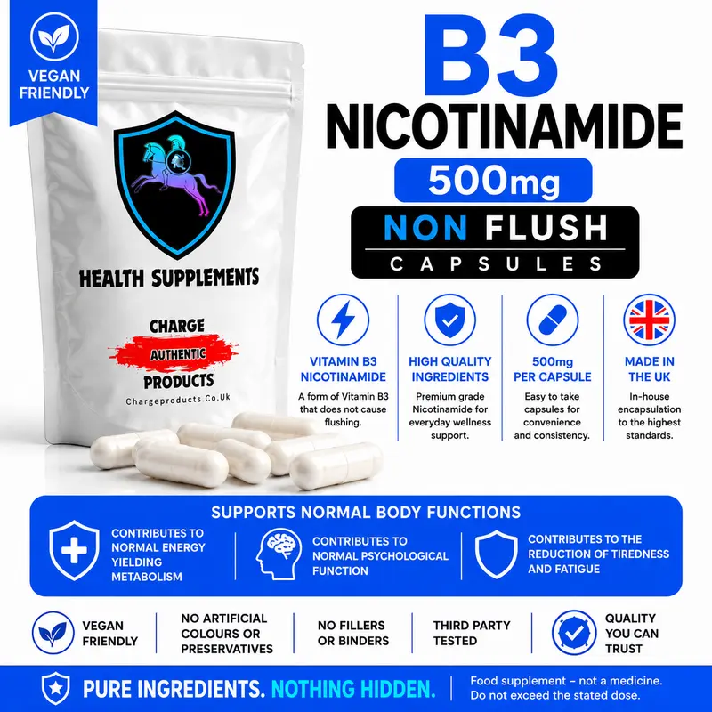 B3 Nicotinamide 500mg Capsules UK | Flush-Free Niacinamide | 6 Authorised Claims | NAD+ Precursor | Zero Fillers | Vegan | 60 to 1000 Caps | Charge Products