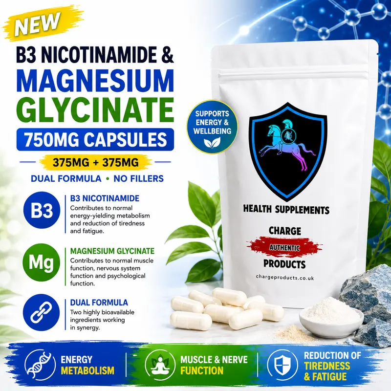 B3 Nicotinamide & Magnesium Glycinate 750mg Capsules UK — 375mg + 375mg | Dual Formula | No Fillers | Vegan HPMC