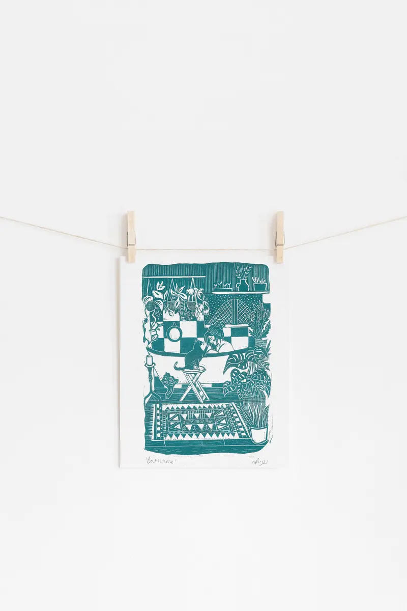 Bathtime riso print, bathroom art, cat print, boho interiors