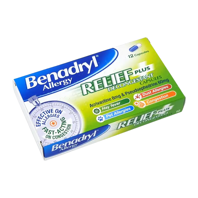 Benadryl Allergy Relief Plus Decongestant Capsules – 12 Capsules