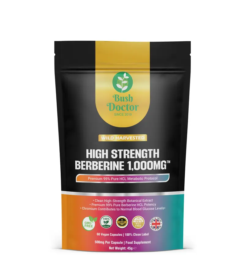 Berberine HCl 1000mg + Chromium High Strength 99% Pure Vegan Capsules Bush Doctor