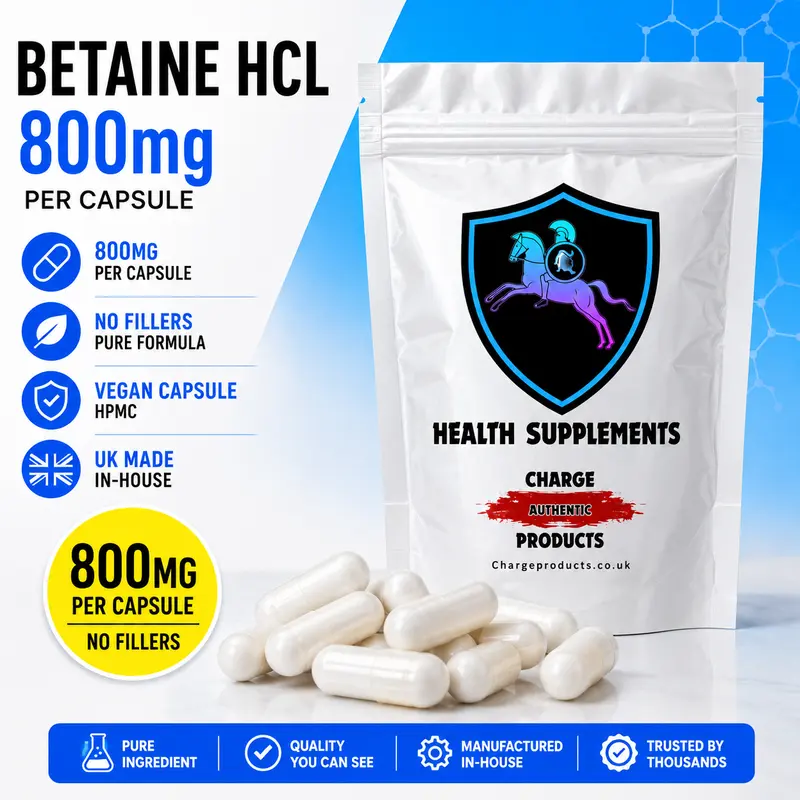 Betaine HCl 800mg Capsules UK — Pure Betaine Hydrochloride | Homocysteine | No Fillers | Vegan | 60 to 500 Capsules