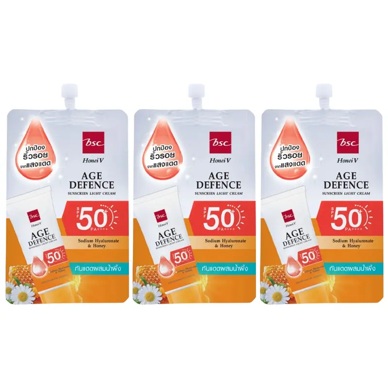 BSC Cosmetology - Honei V, Age Defence Sunscreen Light Cream SPF50+ PA++++ 8g. (Pack of 3)