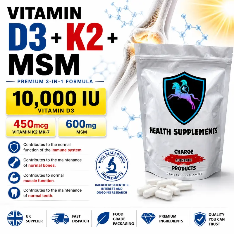 Buy Vitamin D3 K2 MSM Capsules UK | D3 10,000 IU · K2 MK-7 450mcg · MSM 600mg | Vegan | Charge Products