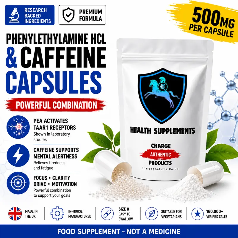 Caffeine & PEA 100 Capsules UK — 200mg Caffeine Anhydrous & 300mg Phenylethylamine HCl | 500mg | Vegan
