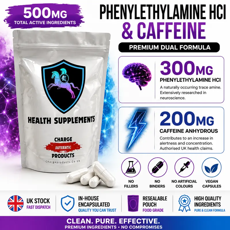 Caffeine & PEA Capsules UK — 200mg Caffeine Anhydrous & 300mg Phenylethylamine HCl | 500mg | Vegan