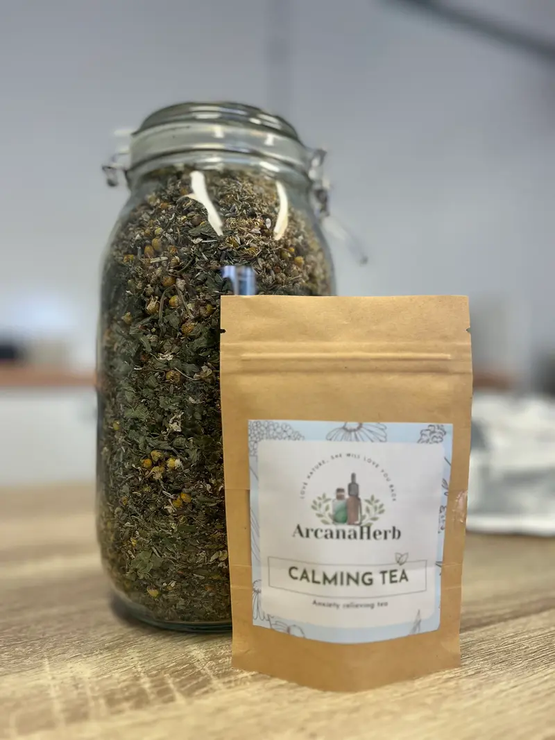 Calm Me Tea blend. Made with Organic ingredients Herbalist Crafted, Clinical grade. 25g, 50g, 100g. Damiana, motherwort, lavender, chamomile. Lemon balm.