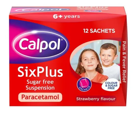 Calpol SixPlus Sugar Free Suspension 250mg/5ml Strawberry – 12 x 5ml Sachets