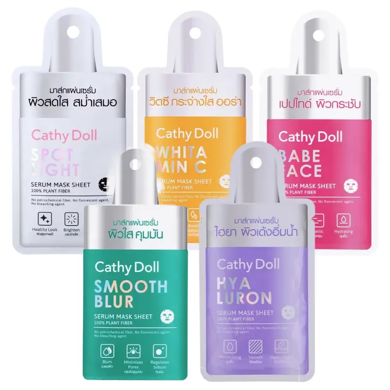 Cathy Doll - Serum Mask Sheets 20g. each - Spotlight, Whitamin C, Babe Face, Smooth Blur, Hyaluron (Pack of 5 Mix)