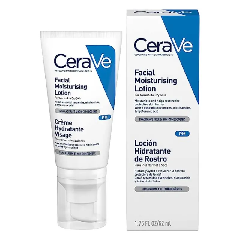 CeraVe PM Daily Facial Moisturiser Lotion for Normal to Dry Skin 52ml with Niacinamide and 3 Essential Ceramides