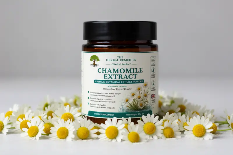 Chamomile Extract (Matricaria chamomilla)  Traditional Botanical Support for Calmness, Digestion & Daily Balance