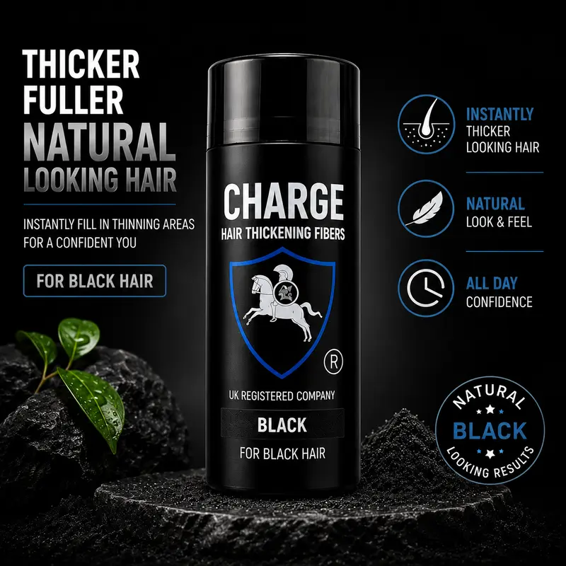 CHARGE® Hair Building Fibres Black 27.5g UK — Keratin Hair Thickening Fibres | Instant Density | For Men and Women | All Hair Types