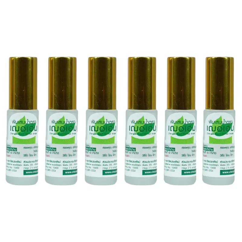 Cher-aim - Grey Herbal Inhaler Nasal Borneol Oil Roller 5ml. (Pack of 6) - Yadom - Relieve Congestion Dizzy - Made in Thailand