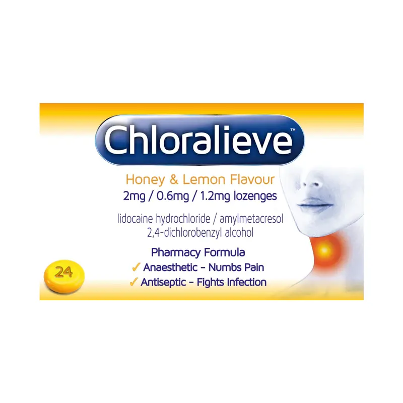 Chloralieve Sore Throat Lozenges 2mg/0.6mg/1.2mg Honey & Lemon or Blackcurrant – 24 Lozenges