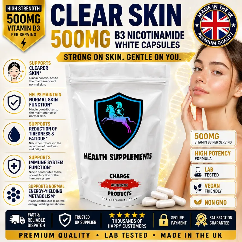 CLEAR SKIN Vitamin B3 Nicotinamide 500mg Capsules UK — Non-Flush Niacinamide | 3,125% NRV | Maintenance of Normal Skin | No Fillers | Vegan | Charge Products