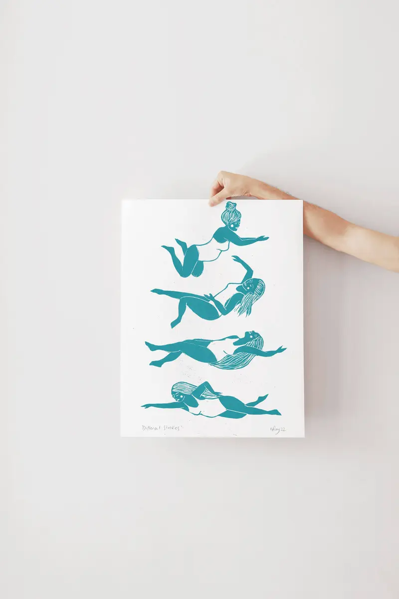 Different Strokes riso print, swimming, wild swimming art
