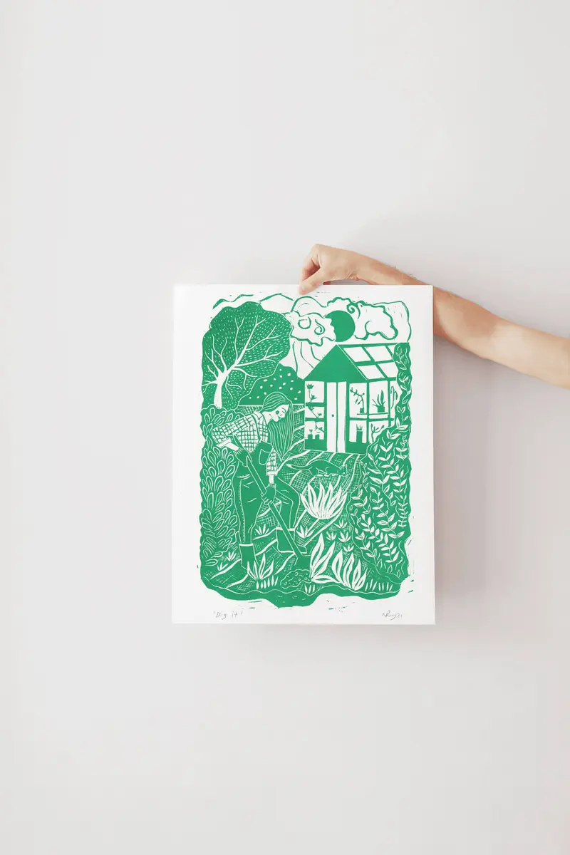 Dig It riso print, gardening art, woman gardening, cat print
