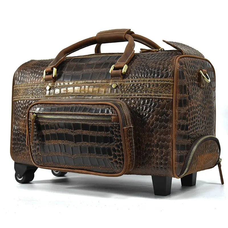 Genuine Leather Doctors Bag Large Capacity Wheels Duffle Bag Alligator Strip Trolley Case
