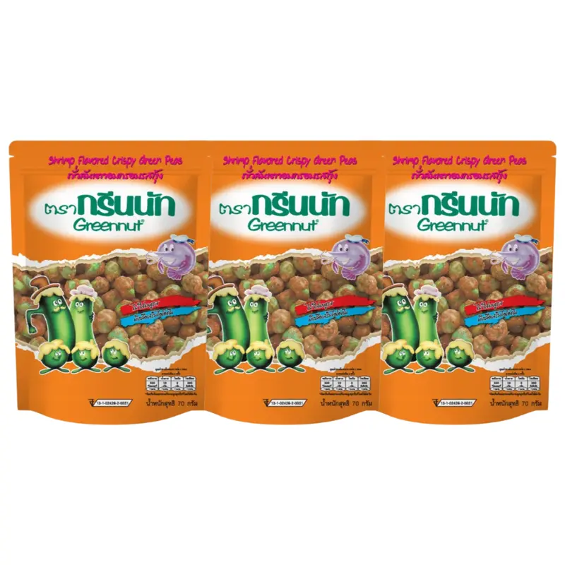 Green Nut - Baked Crispy Peas with Shrimp Flavor 70g. (Pack of 3)
