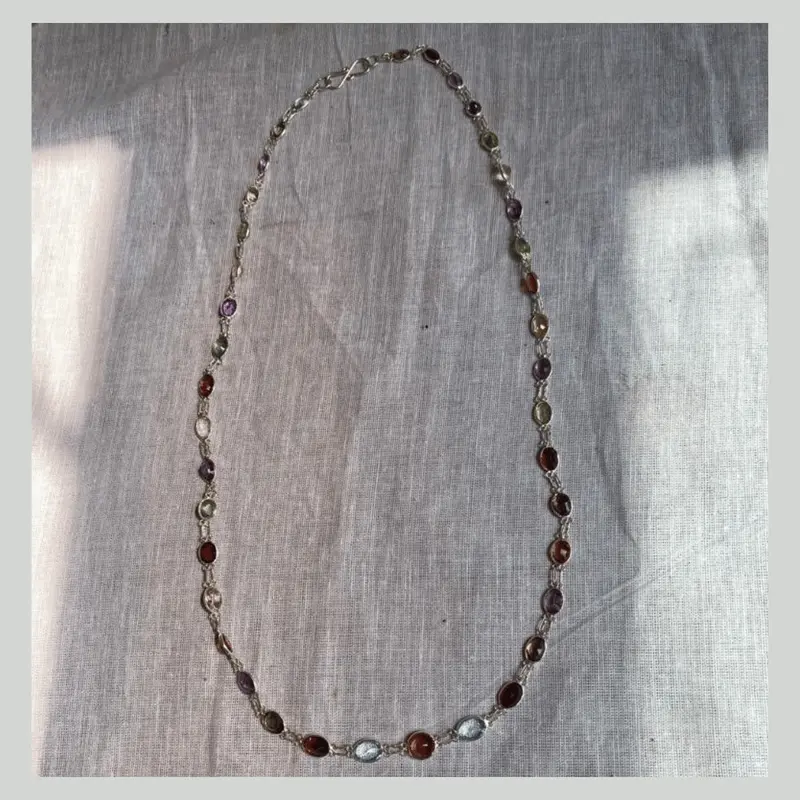 Handmade 925 Silver Long Muff Chain with Gemstones