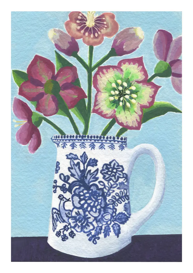 Hellebores in Pheasant Jug Print by Susie Hamilton