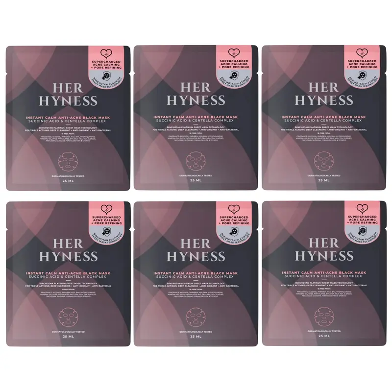 Her Hyness - Instant Calm Anti-Acne Black Mask with Succinic Acid & Centella Complex 25ml. (Pack of 6)
