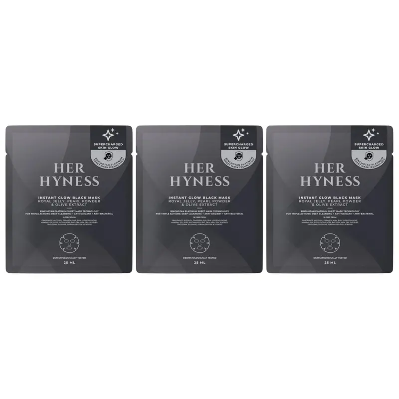 Her Hyness - Instant Glow Black Mask with Royal Jelly, Pearl Powder & Olive Extract 25ml. (Pack of 3)