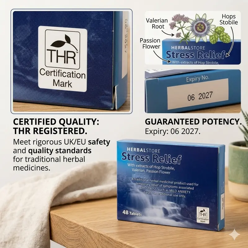 Herbal Stress & Sleep Relief Tablets - Valerian, Passion Flower & Hops - 60ct