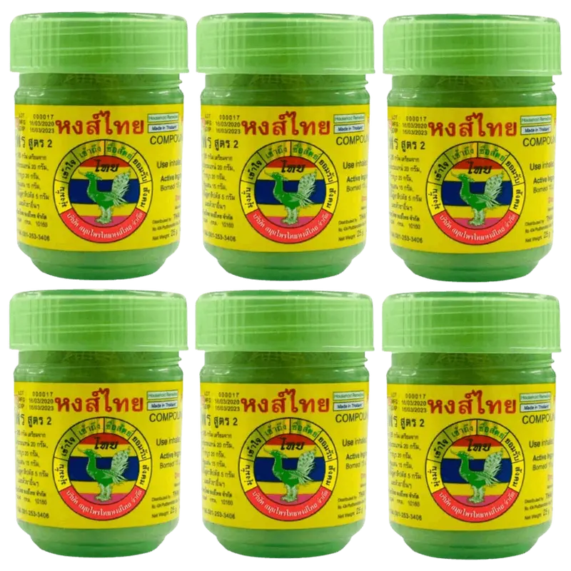 Hong Thai - Green Traditional Compound Thai Herbal Inhaler Yadom - Nasal Inhalant (Pack of 6) - Made in Thailand