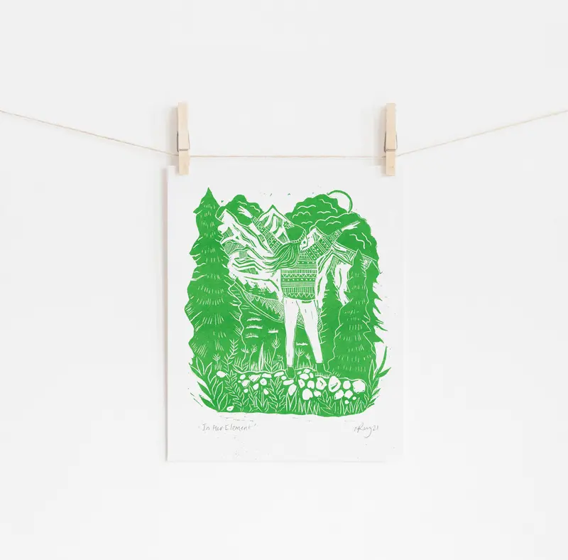 In Her Element risoprint, hiking art, walking, nature, woods