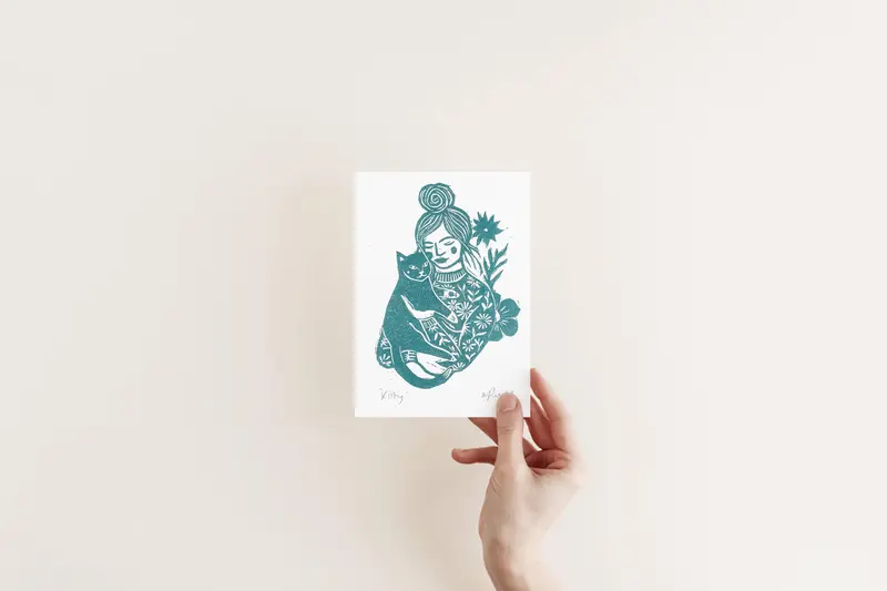 Kitty riso print, cat lover gift, cat print, woman and cat