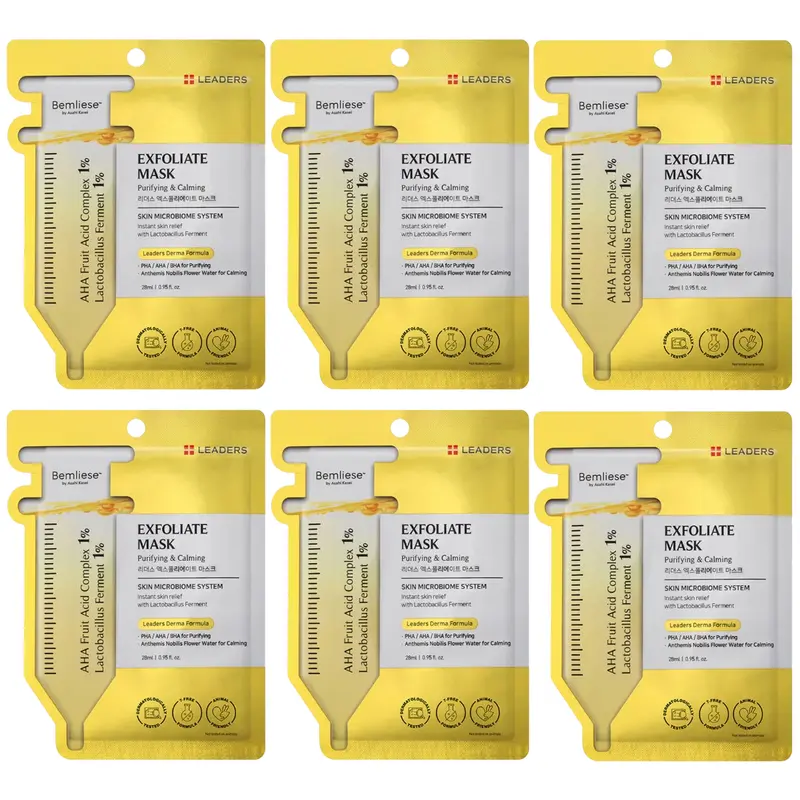 Leaders - Exfoliate Face Mask with Lactobacillus Ferment, PHA, AHA, BHA and Anthemis Nobilis Flower Water 28ml. (Pack of 6)