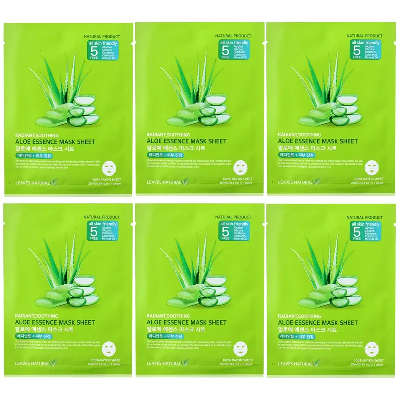 Leaves Natural - Aloe Essence Mask Sheet with Soothing and Radiant Face Mask 25ml. (Pack of 6)