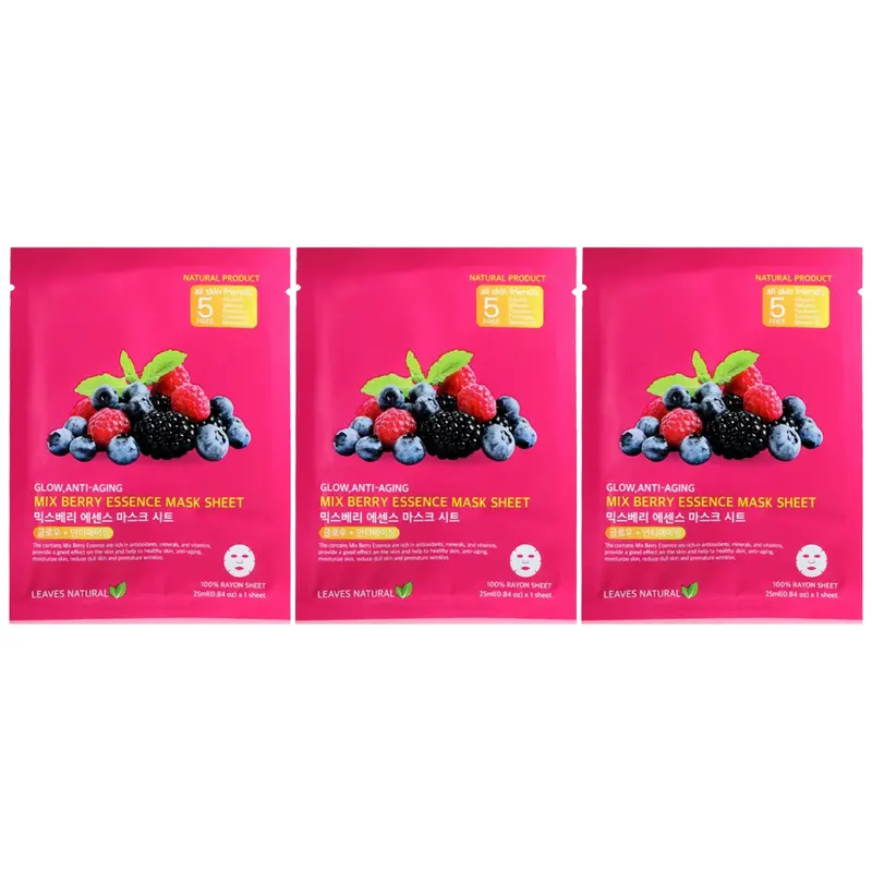 Leaves Natural - Mix Berry Essence Mask Sheet with Anti-Aging and Glow Face Mask 25ml. (Pack of 3)