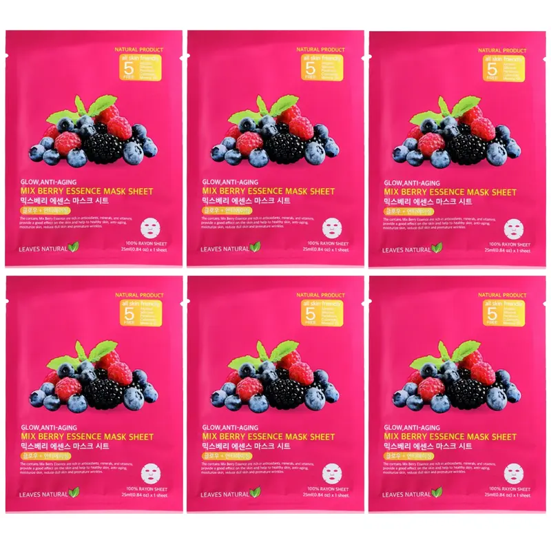 Leaves Natural - Mix Berry Essence Mask Sheet with Anti-Aging and Glow Face Mask 25ml. (Pack of 6)