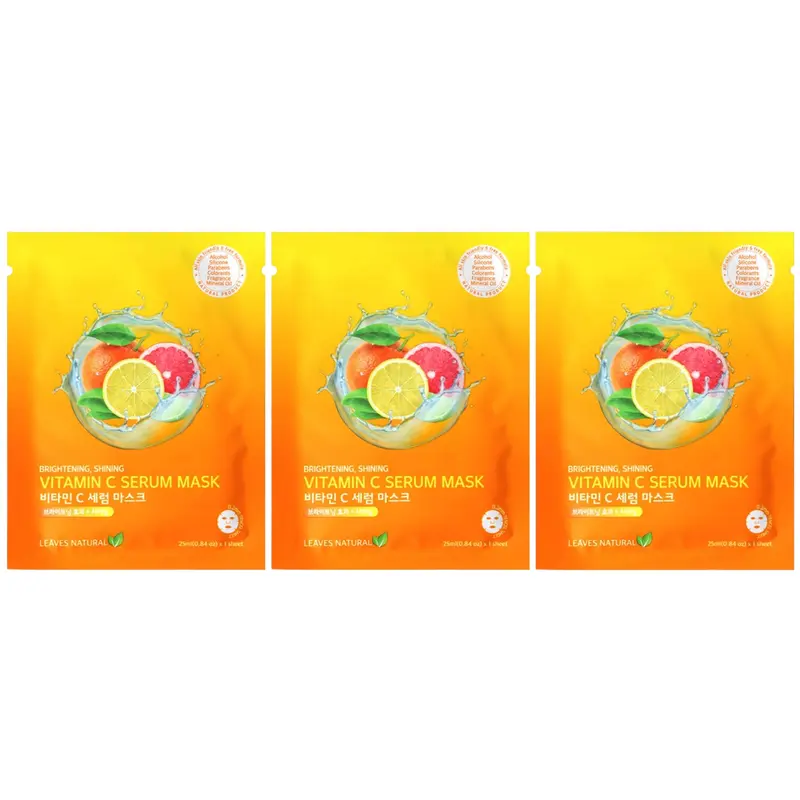 Leaves Natural - Vitamin C Serum Mask with Brightening and Shining Face Mask 25ml. (Pack of 3)