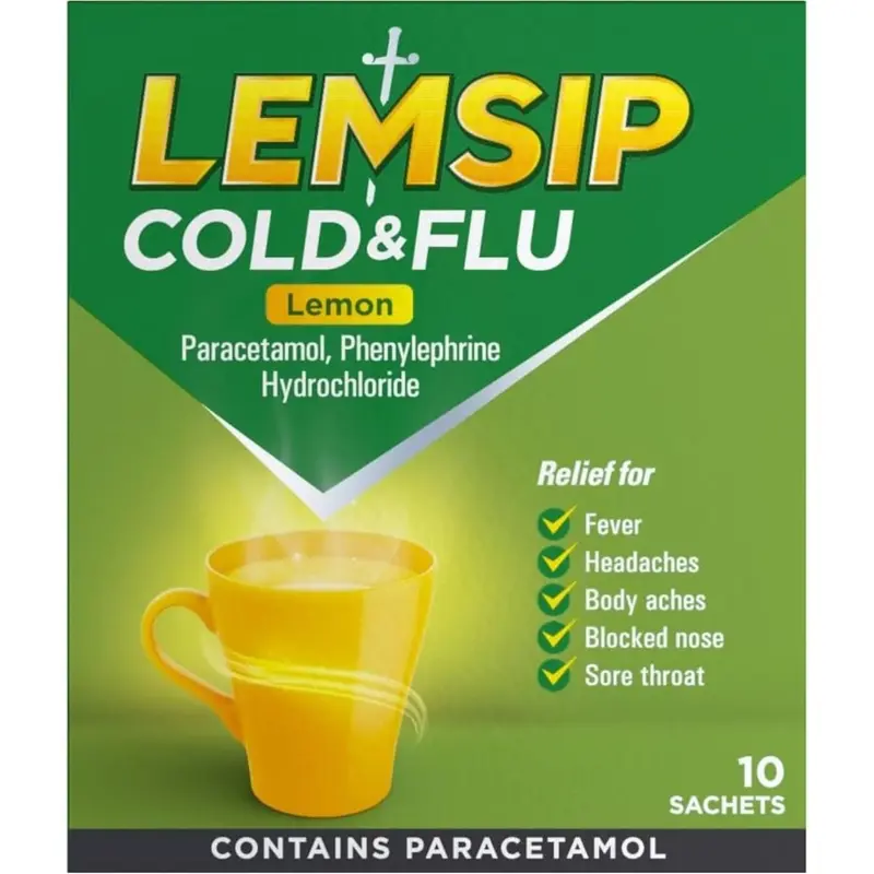 Lemsip Cold & Flu Lemon Sore Throat Sachets - Paracetamol 10 Sachets