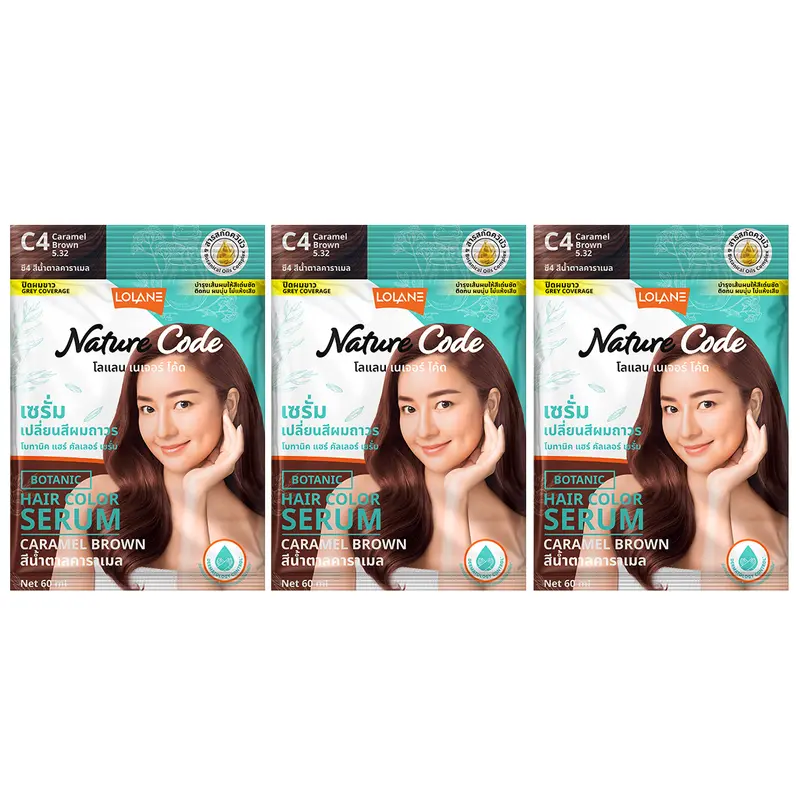 Lolane - Nature Code Botanic Hair Color Serum #C4 Caramel Brown 60g. (Pack of 3)