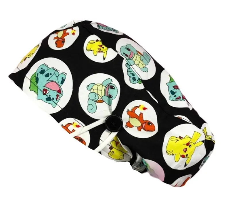 Long Hair Surgical Cap with with Buttons and Elastic Band - Black Pokemon